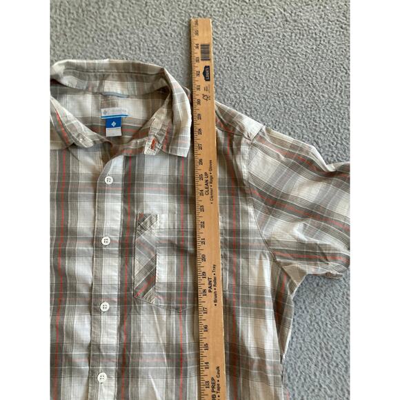 Columbia Button Shirt Large Plaid Short Sleeve Omni Wick Brown White Performance - Picture 9 of 12